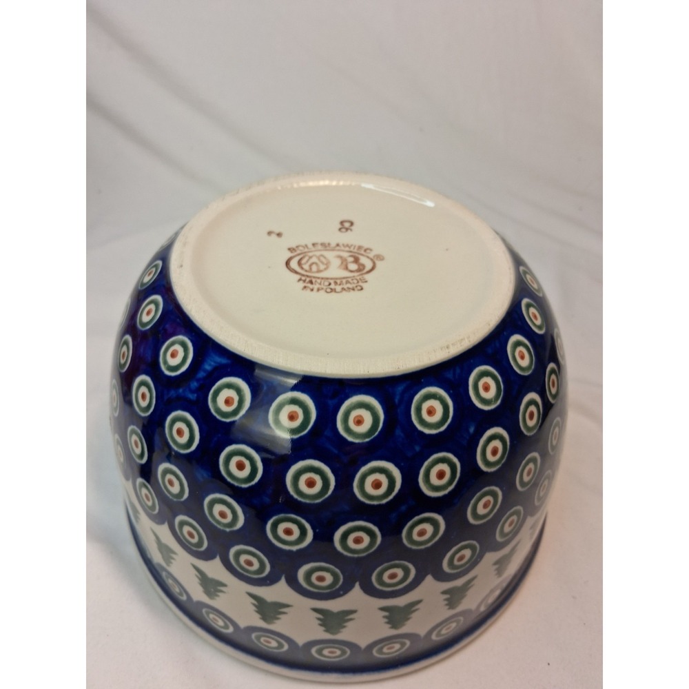 BOLESLAWIEC 8"(W) X 4.25" (H) BOWL HAND PAINTED & HANDMADE PEACOCK PATRN & TREES - Picture 3 of 6